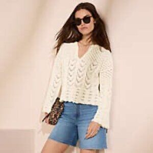 Lands’ End Ivory Pointelle Notch Neck Long Sleeve Cotton Boho Sweater Medium